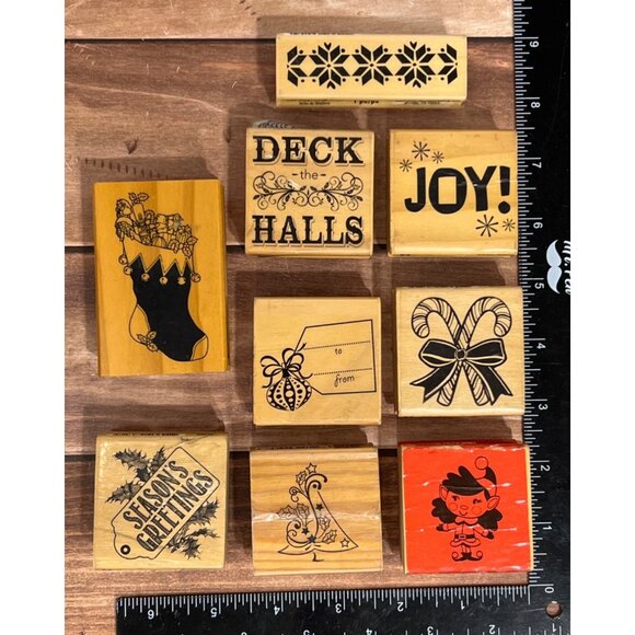 LOT OF 9 CRAFTSMART RECOLLECTIONS HOLIDAY WOOD MOUNTED RUBBER STAMPS - Picture 1 of 4